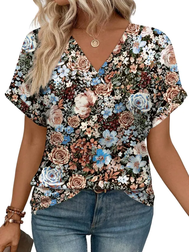 Women's Casual Round Neck Striped T shirt Top Black Flowers - Shop at LoveMi