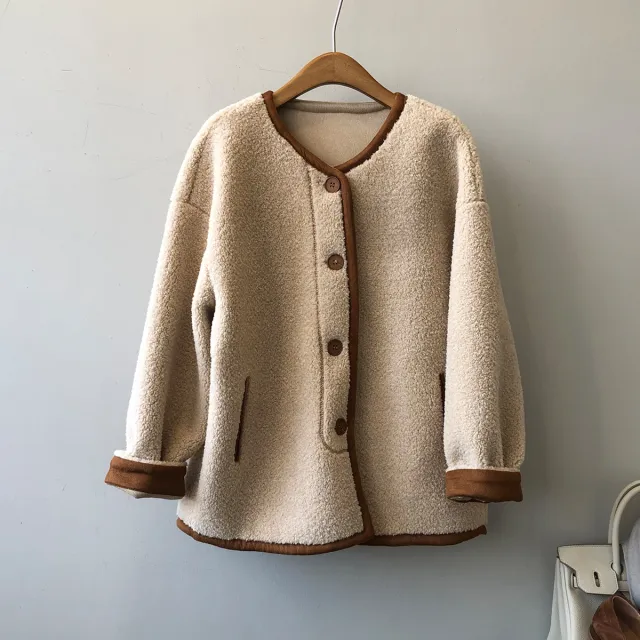 Lamb Wool Coat Korean Style Fleece Fur Integrated Loose Top Mocha - Shop at LoveMi