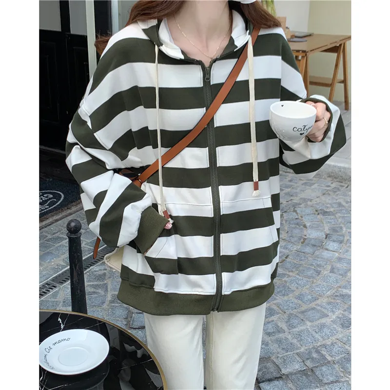 Striped Hooded Sweater Women's Loose Cardigan Zipper Coat - Green
