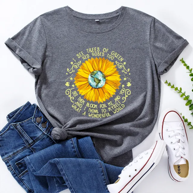 Bee Festival European And American Loose Round Neck Sunflower Short Sleeve Dark Gray - Shop at LoveMi