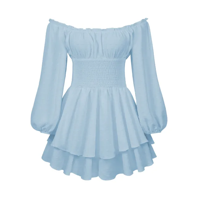 Fashion Solid Color Off neck Pleated Ruffled Stitching Long Sleeve Casual Jumpsuit Blue - Shop at LoveMi
