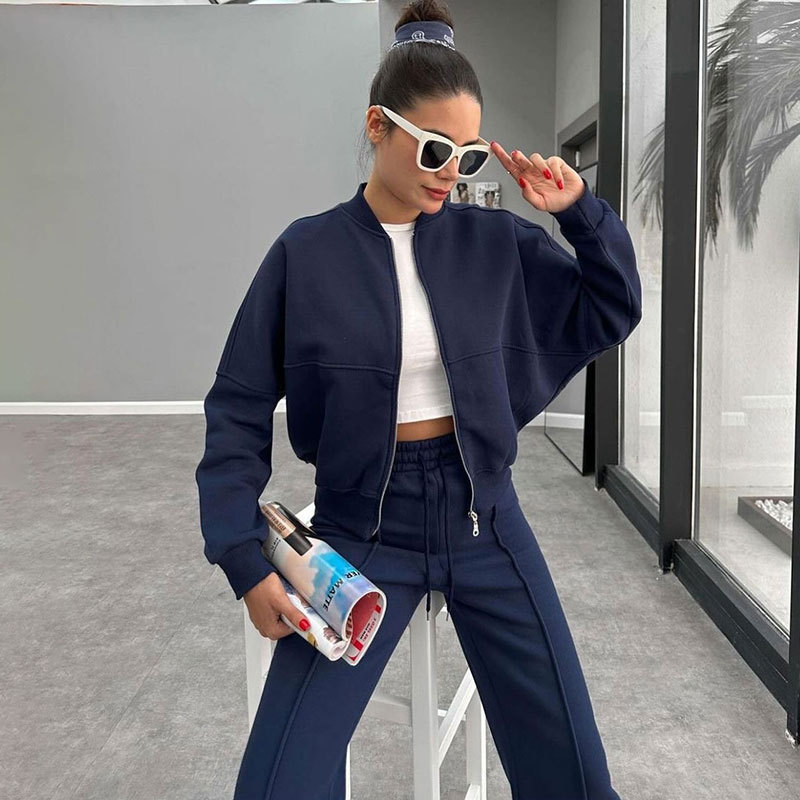 Fleece Zipper Cardigan Women's Clothes Fashion Casual Straight Pants Suit