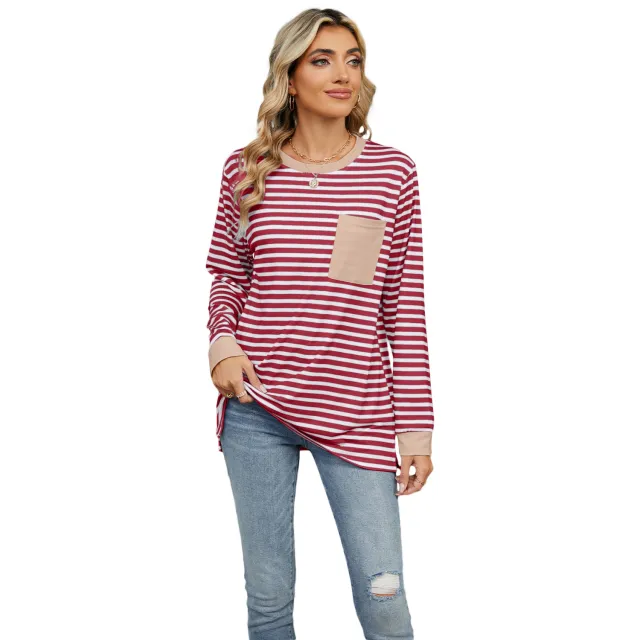Women's Round Neck Pocket Split Upper Clothes Long Sleeves T shirt Red Stripes - Shop at LoveMi