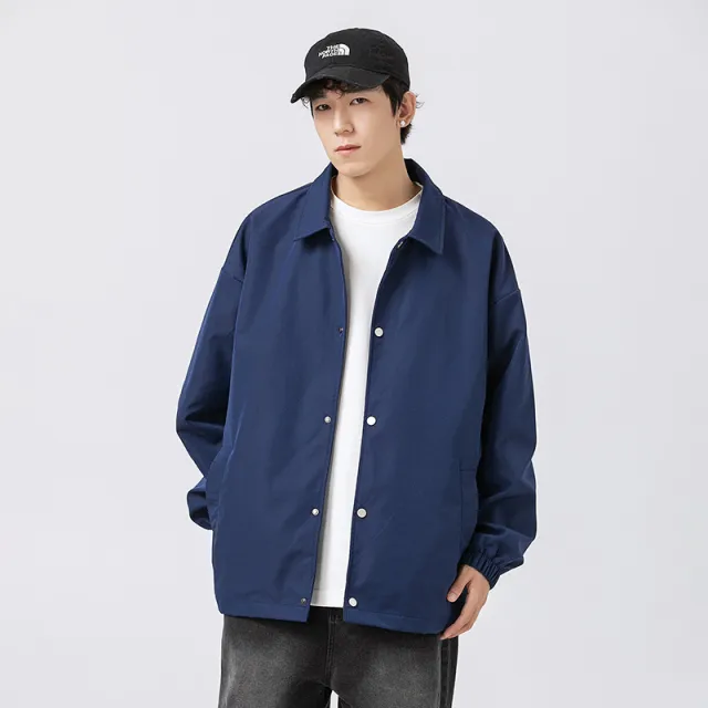 Couple Plus Size Polo Collar Jacket Loose And Simple Navy Blue - Shop at LoveMi