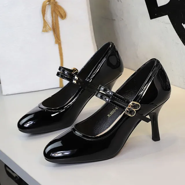 Slender Heel Round Toe Shallow Double Buckle Gentle Jk With Skirt Mary Jane Shoes Black - Shop at LoveMi
