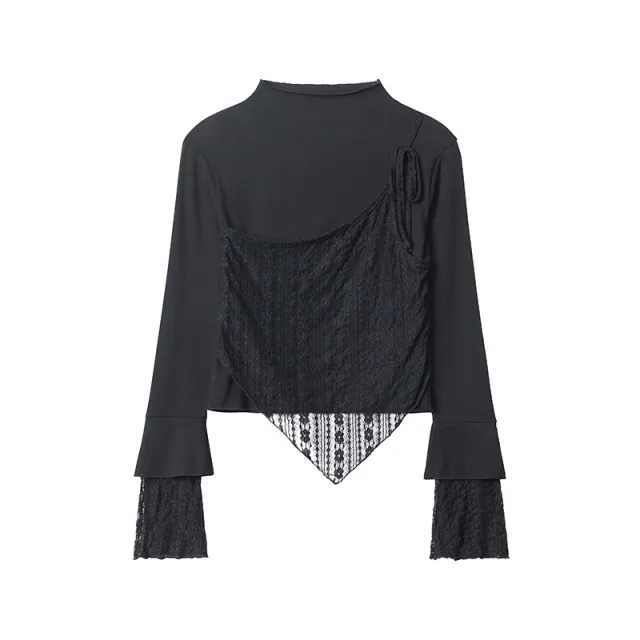 European And American False Two piece Patchwork Long Sleeve Black - Shop at LoveMi