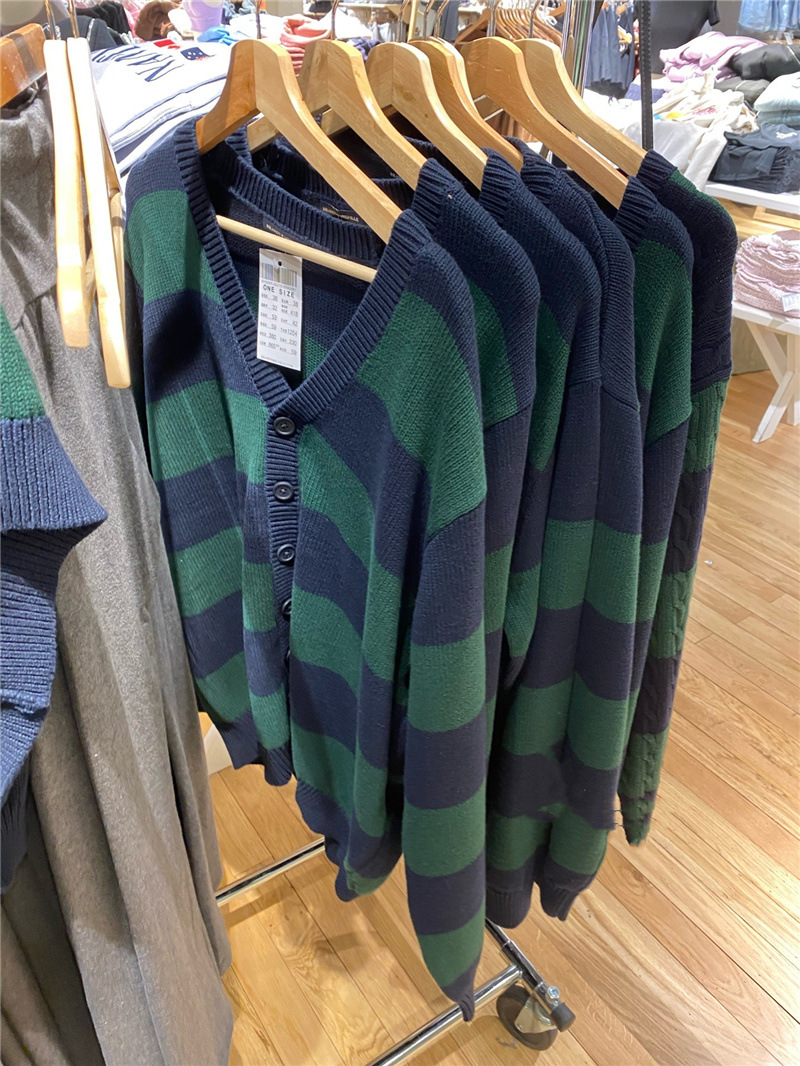 Vintage Blackish Green Stripes Button Knitted Sweater Cardigan