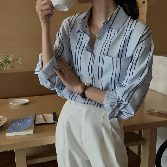 Women's Korean style Gradient Striped Shirt Blue Striped Shirt - Shop at LoveMi