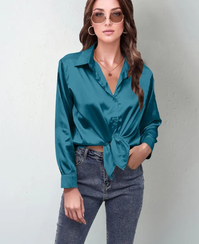 Women's Silk like Long sleeved Shirt Top Peacock Green - Shop at LoveMi