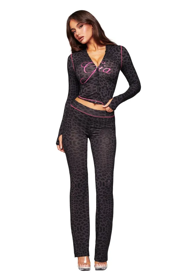 Fashionable Printed Casual Leopard Print Zippered Long Sleeve Jacket And Pants Set Purple - Shop at LoveMi