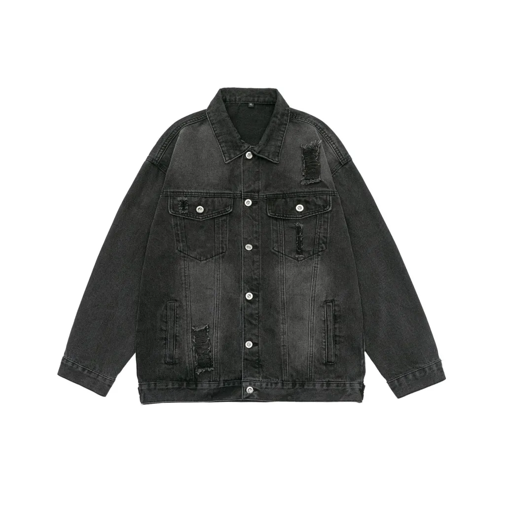 Ripped Workwear Denim Jacket American Washed Old - Black