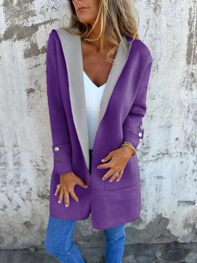 European And American Spring New Women's Clothing Casual Contrast Color Sweater Cardigan Hooded Coat Purple - Shop at LoveMi