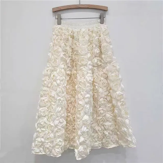 Three dimensional Flower High Waist Big Swing A Line Skirt Long Dress For Women Apricot - Shop at LoveMi