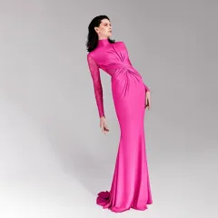 Vintage Lace Pleated Waist Tight Dress - Rose Red - View 1