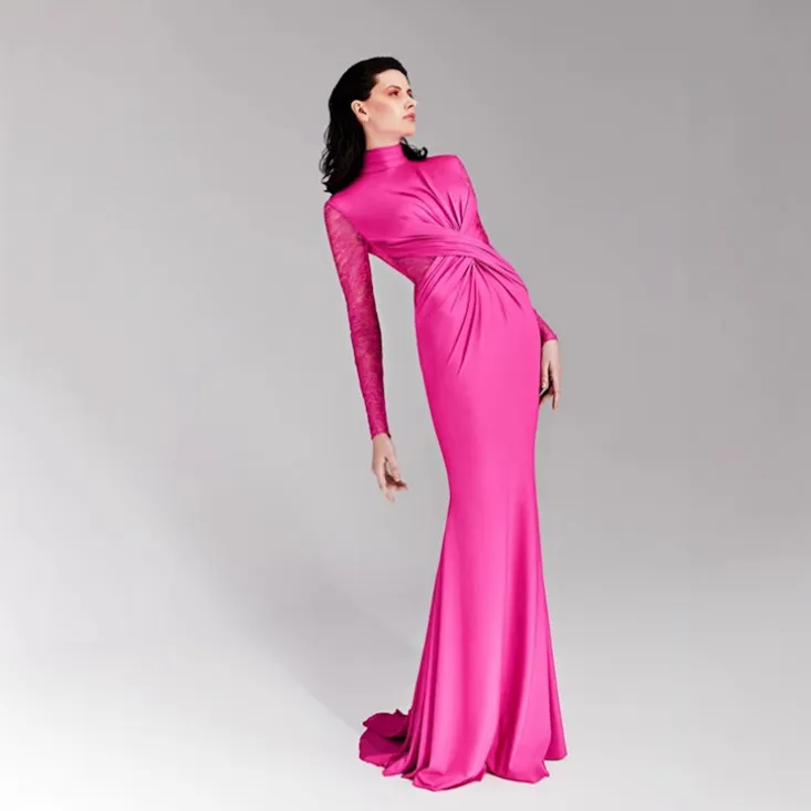 Vintage Lace Pleated Waist Tight Dress - Rose Red