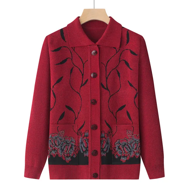 Spring And Autumn Elderly Lapel Thin Sweater Wine Red - Shop at LoveMi