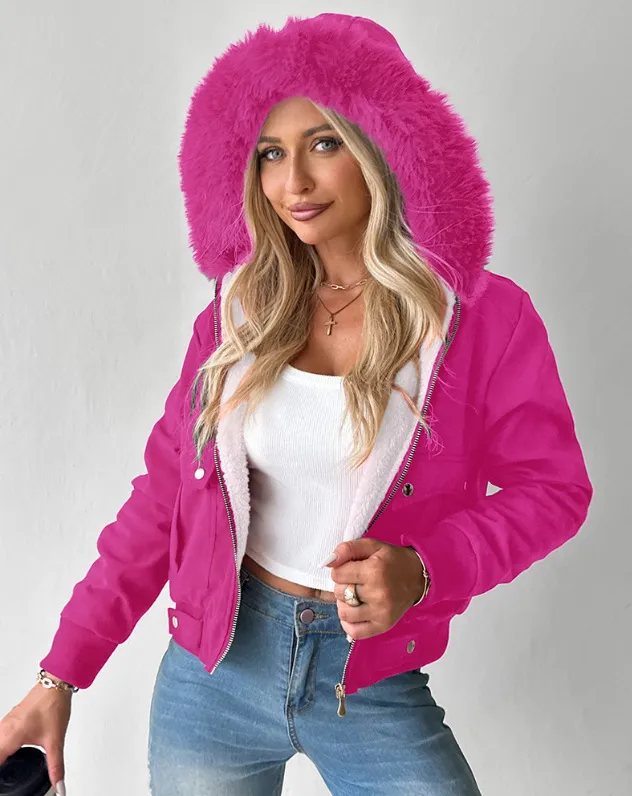 Casual Fashion Hooded Jacket With Furry Lining Rose Red - Shop at LoveMi