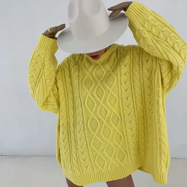 Round Neck Hip Twist Casual Loose Dress Sweater Yellow - Shop at LoveMi