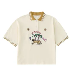 Hand-painted Illustration Embroidery Contrast Color Lapel Retro Short T-shirt Polo Shirt - Yellow - View 1
