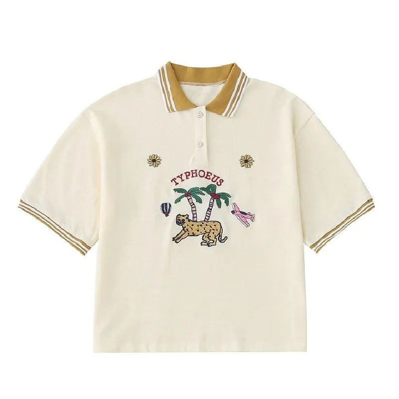 Hand-painted Illustration Embroidery Contrast Color Lapel Retro Short T-shirt Polo Shirt - Yellow