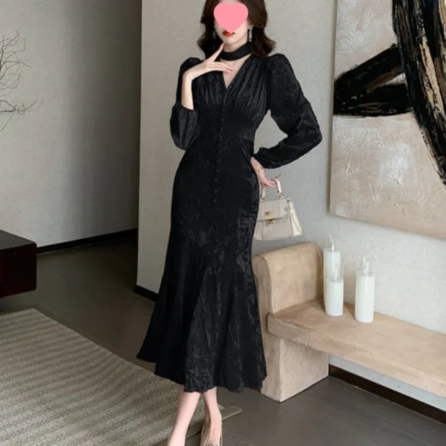 Womens French style Elegant And Sexy Long sleeve Dress With A Collar Black - Shop at LoveMi