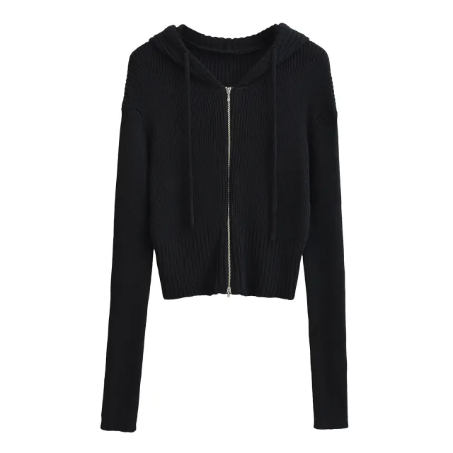 Women's American style Hooded Zipper Knitted Cardigan Early Autumn New Short Black - Shop at LoveMi