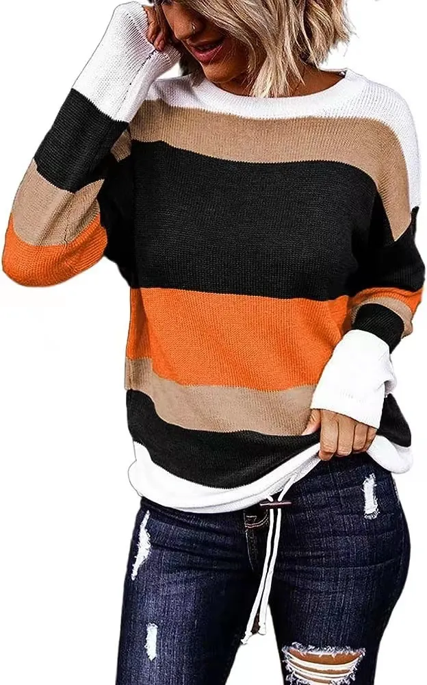 Women's Knitted Long sleeved Striped Color Matching T shirt Orange - Shop at LoveMi