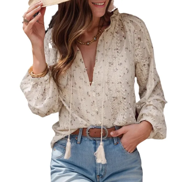 Women's Floral Print Chiffon Shirt Embroidery Tassel Blouse Color - Shop at LoveMi