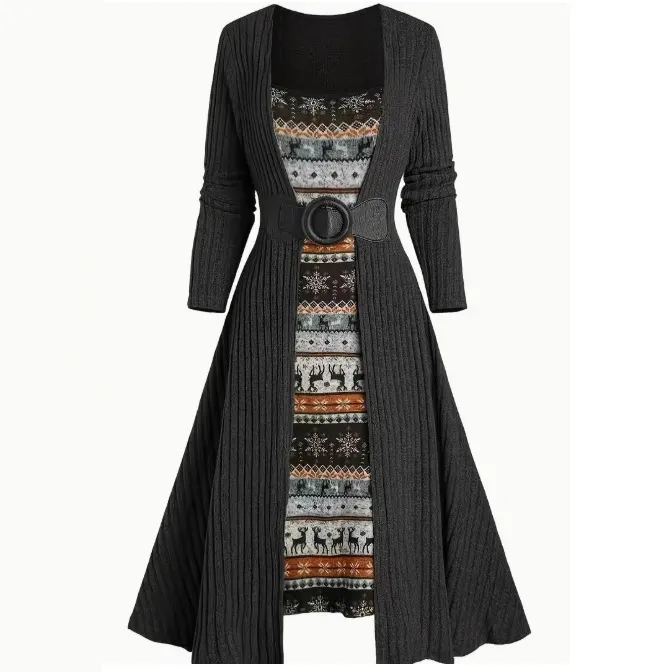 Commuter Long Sleeve Stitching Sunken Stripe Dress