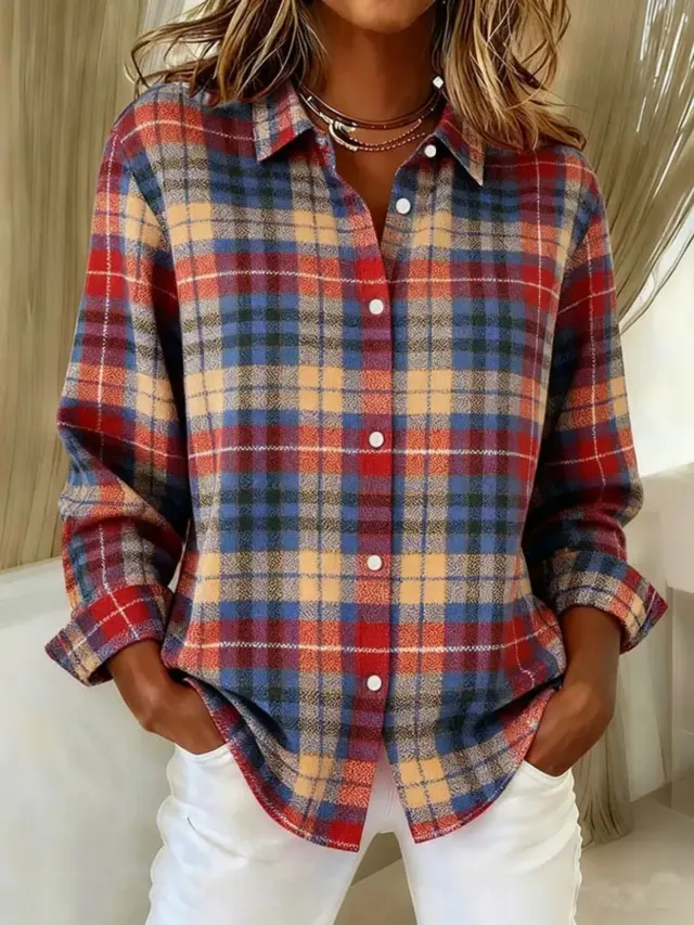 Womens Unique Plaid Print Trendy Long Sleeve Shirt Sh120150104 L - Shop at LoveMi
