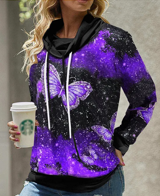 New Women's Pile Collar Hooded Printed Top Purple Butterfly - Shop at LoveMi