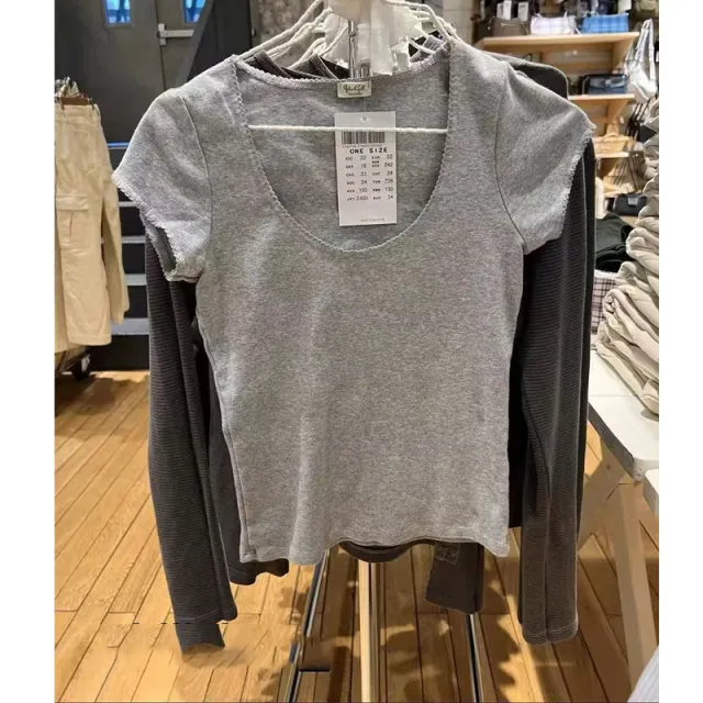 Cotton Round Neck White BM Ruffled Short Sleeves T shirt Slim Top Gray - Shop at LoveMi