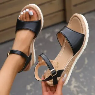 Plus Size Sponge Cake Platform Wedge Peep Toe Buckle Sandals Black - Shop at LoveMi
