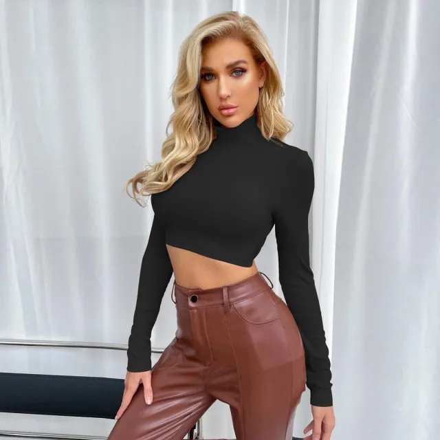 Sexy Backless Slim fit High neck Versatile Long sleeved Top Black - Shop at LoveMi