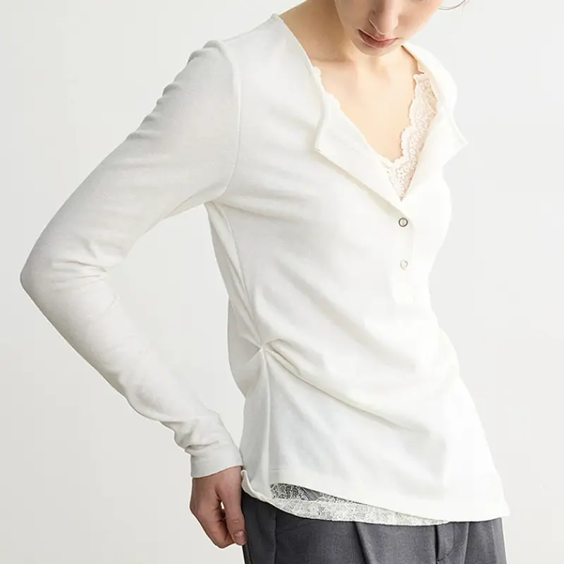 Womens White Lace Fake Two-Piece Long-Sleeve T-Shirt