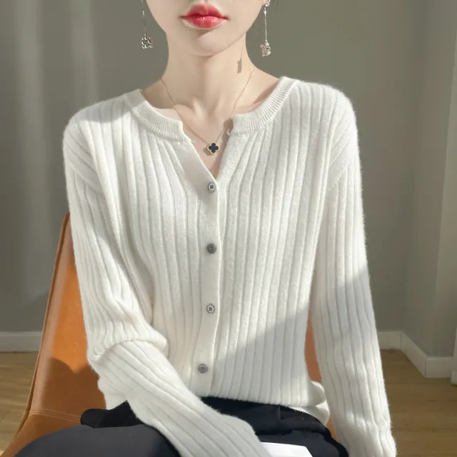 Round Neck Slim fit Short Striped Solid Color Knitted Cardigan Jacket White - Shop at LoveMi