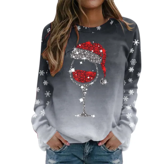European And American Loose Christmas Sweater Round Neck Print Long Sleeves Gray - Shop at LoveMi