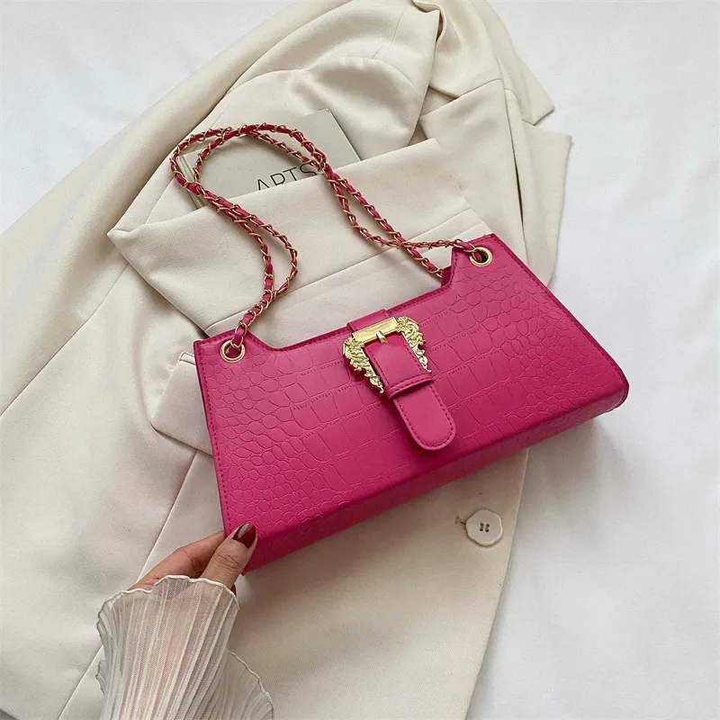 Women's Fashion Simple Chain Fashion Bag Shoulder Bag Casual Trend Crossbody Small Square Bag - Rose