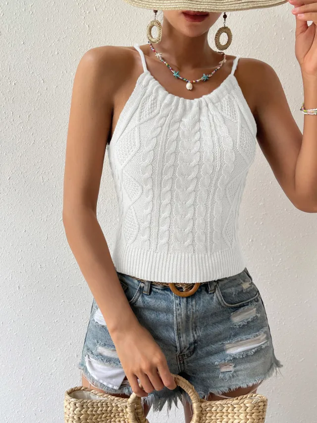 Polyester Backless Hemp Pattern Lace up Halterneck Sling Top For Women White - Shop at LoveMi