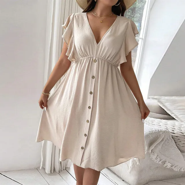 Women's Holiday Casual V neck Button Ruffles Dress Khaki - Shop at LoveMi
