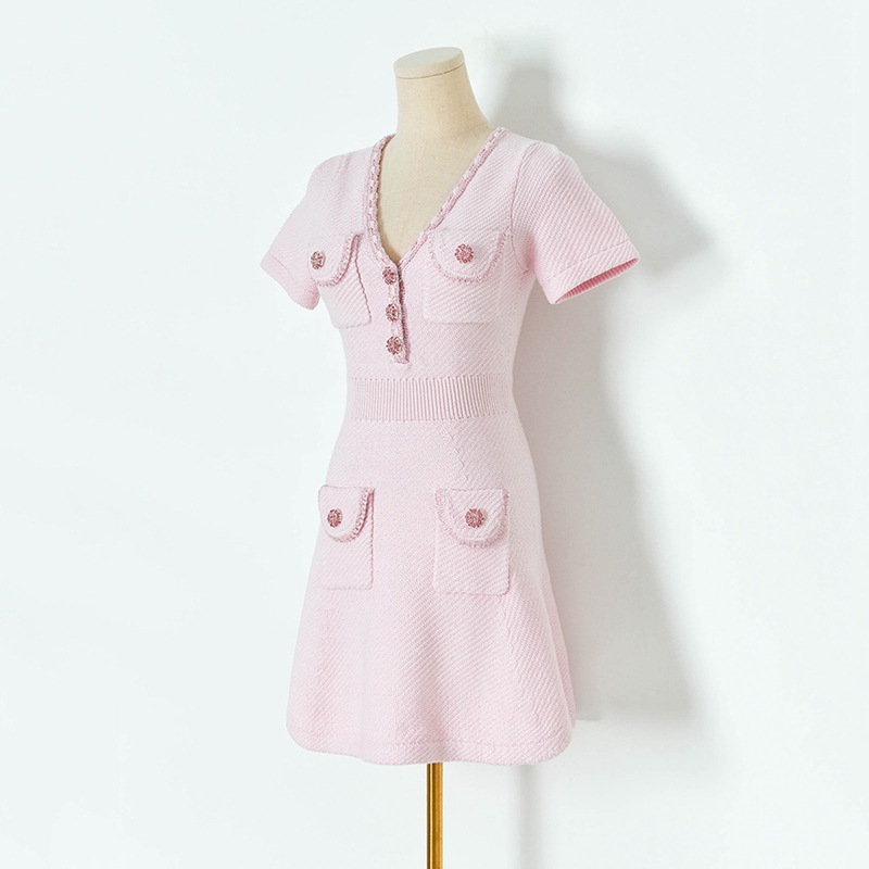 Sequined V neck Nipped waist Pocket Short Sleeve Knitted Dress Pink - Shop at LoveMi
