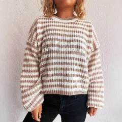 Autumn And Winter New Vintage Stripe Knitted Top Round Neck Long Sleeve Loose Pullover Sweater For Women - Khaki - View 1