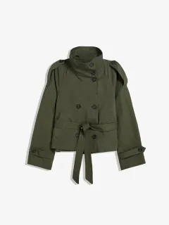 Retro Lapels Design Double Breasted Lace Up All-match Long Sleeve Short Trench Coat - Army Green - View 1