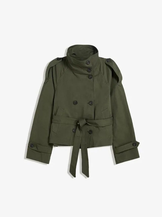Retro Lapels Design Double Breasted Lace Up All match Long Sleeve Short Trench Coat Army Green - Shop at LoveMi