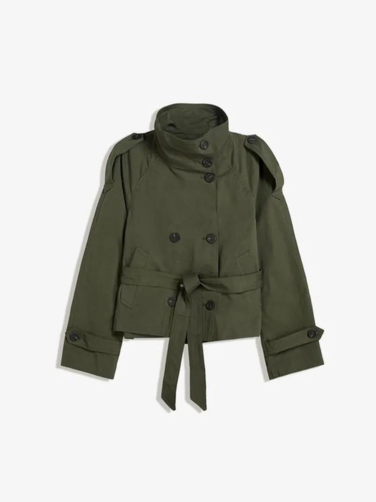Retro Lapels Design Double Breasted Lace Up All-match Long Sleeve Short Trench Coat - Army Green