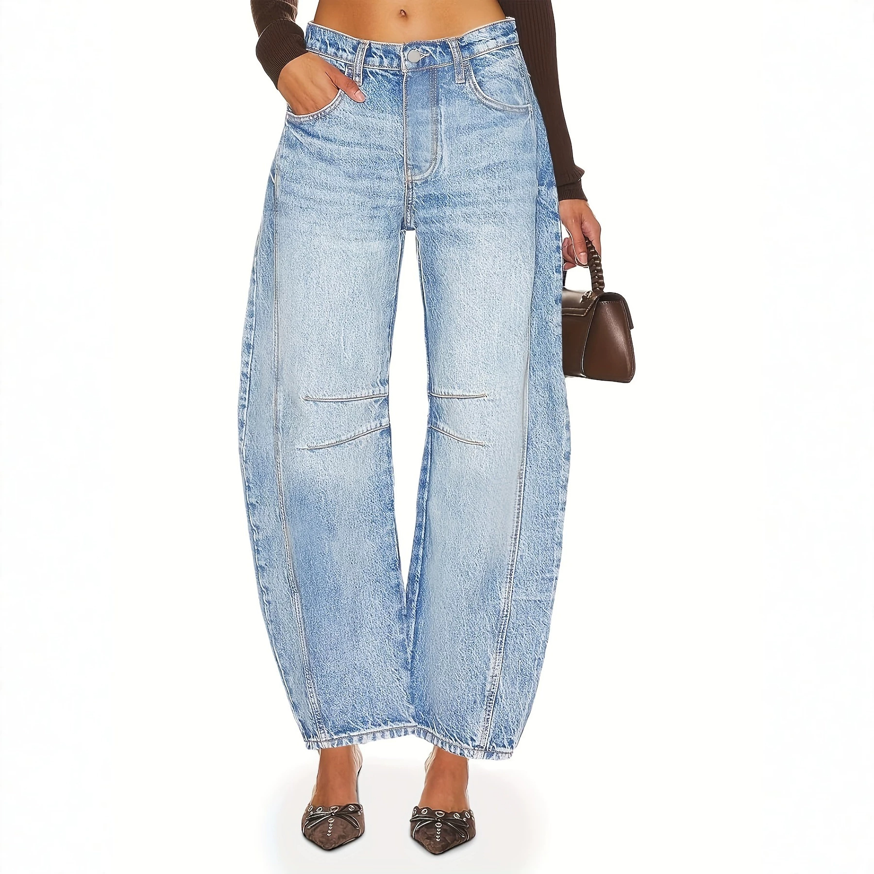 Women's Loose-Fit Cropped Wide-Leg Mid-Waist Denim Pants