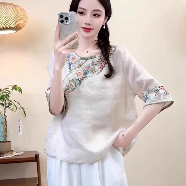 Women's Embroidered Button Cotton Linen Short Sleeve ShirtThree Quarter Sleeve Top White - Shop at LoveMi