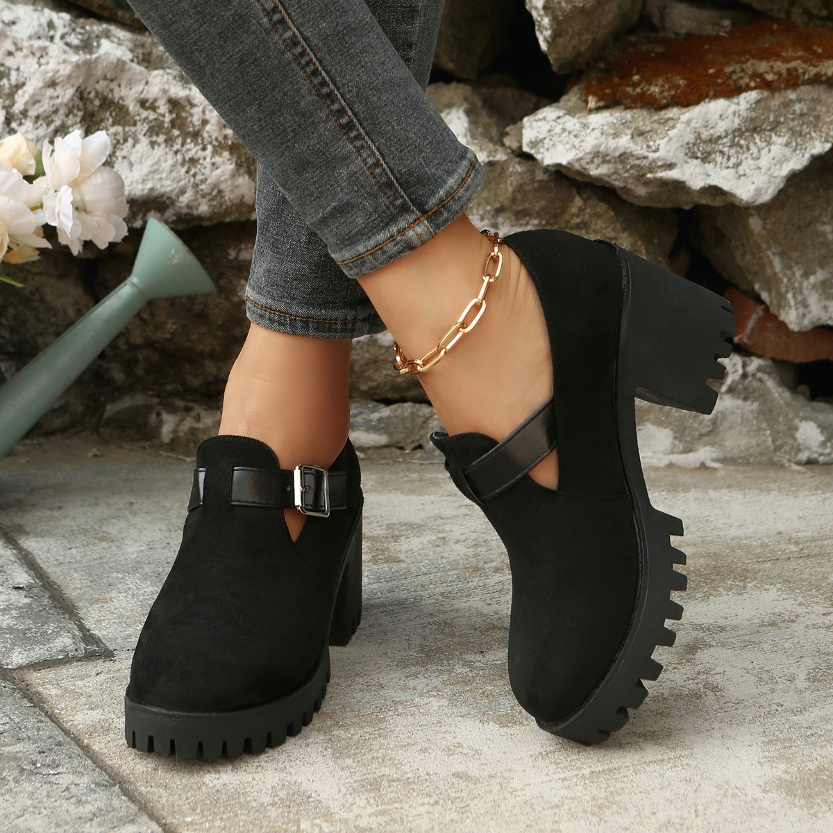 Womens Chunky Thick-soled Suede High Heels