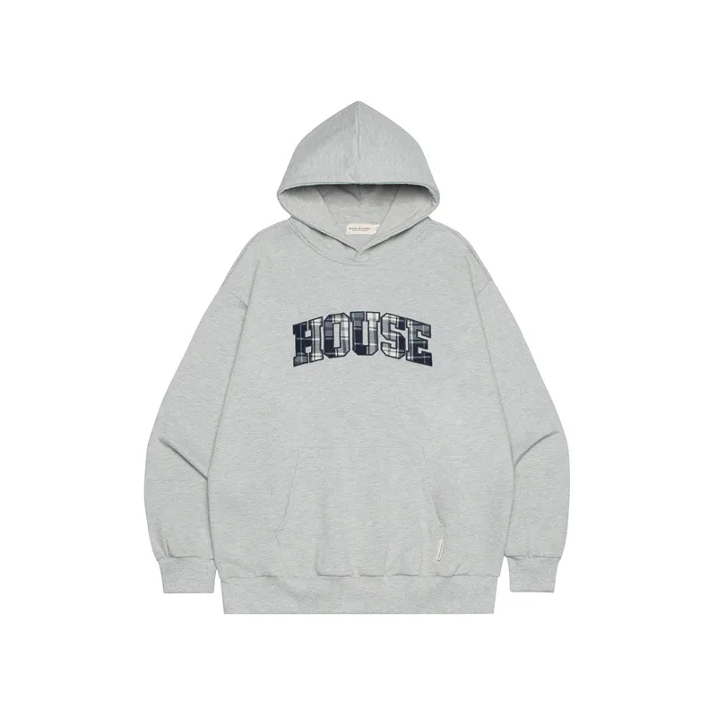 American Letter Patch Embroidery Design Loose Hooded Casual Versatile Couple Sweater - Flower Gray
