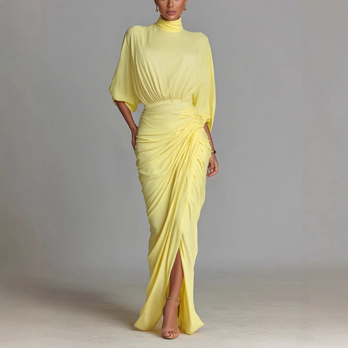 Elegant Yellow Pleated Waist-cinched Dress High-neck Long Dress